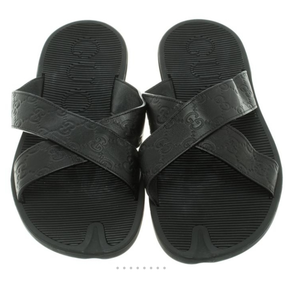 Gucci Mens Black Guccissima Leather Cross Strap Slide Sandals, Size 10